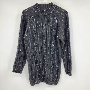 Vintage Tampa Black Sequin Women's Tunic Length Pullover Sweater Top Shirt Large